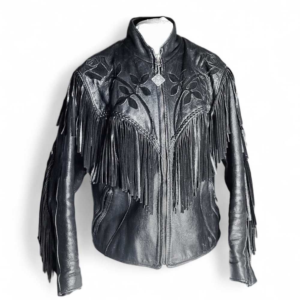 USA Made Black Leather Fringe Motorcycle Jacket with Floral Embossing